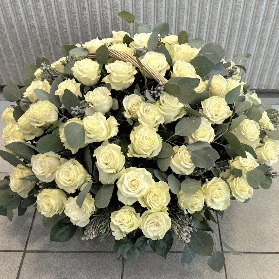 75 роз и брунии в корзине