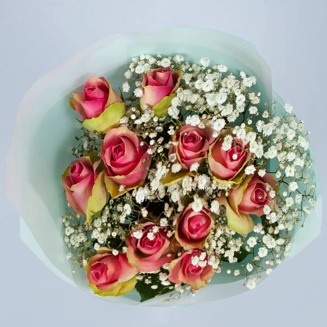 11 роз и гипсофила (50 см)