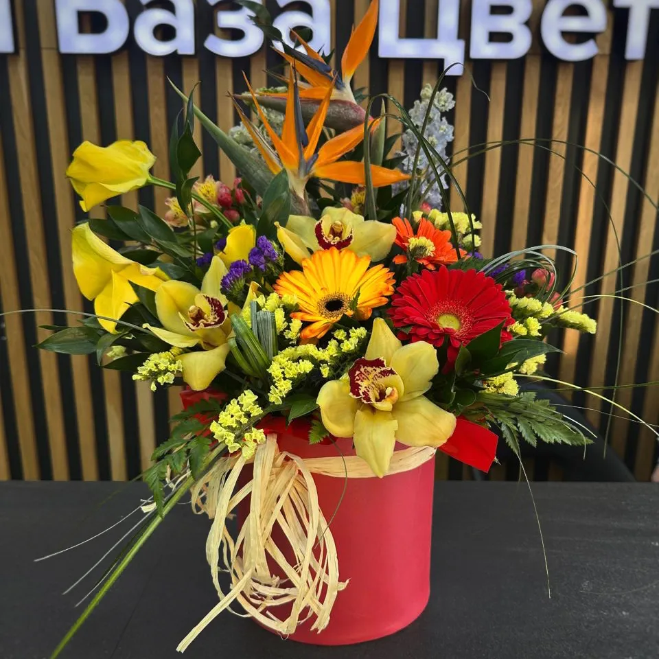 Папоротники, герберы и гиперикумы в коробке