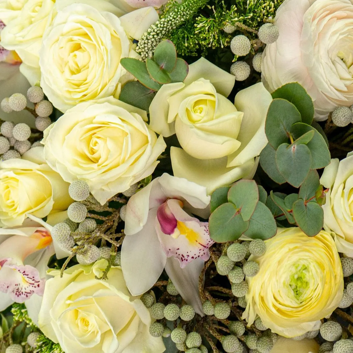 Розы, ранункулюсы и орхидеи в коробке