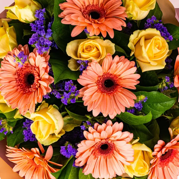 11 жёлтых роз и герберы
