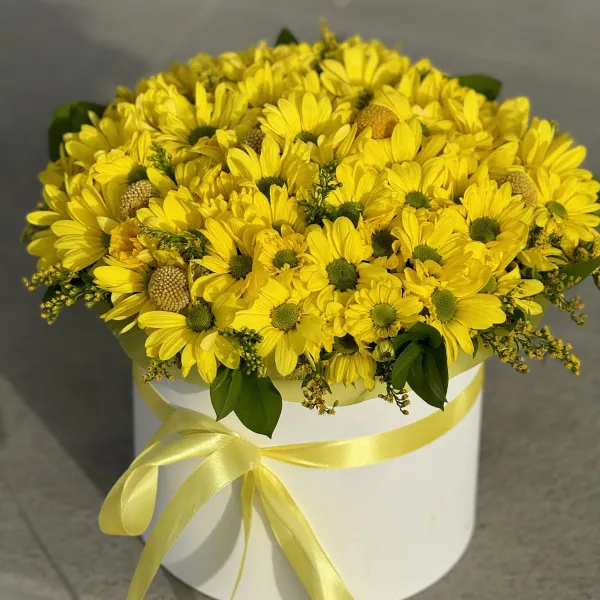 Хризантемы, солидаго и краспедии в коробке