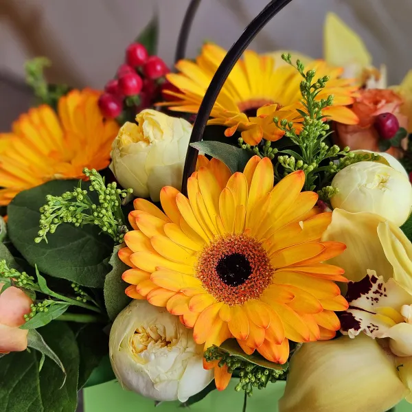 Розы, гиперикума и солидаго в коробке