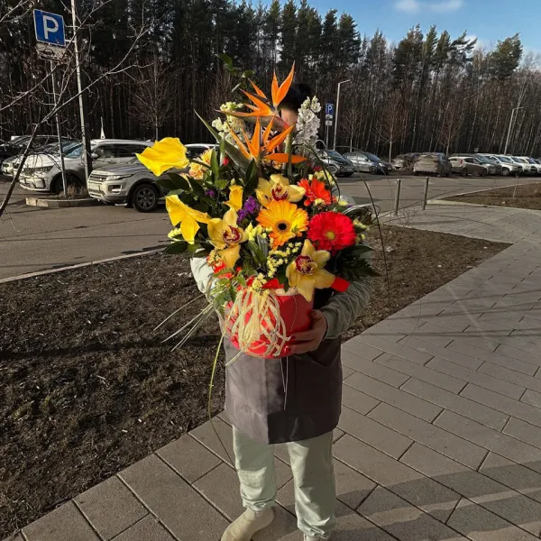 Папоротники, герберы и гиперикумы в коробке