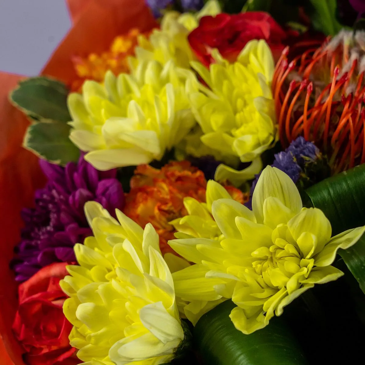 Букет из протей, хризантем микс и роз