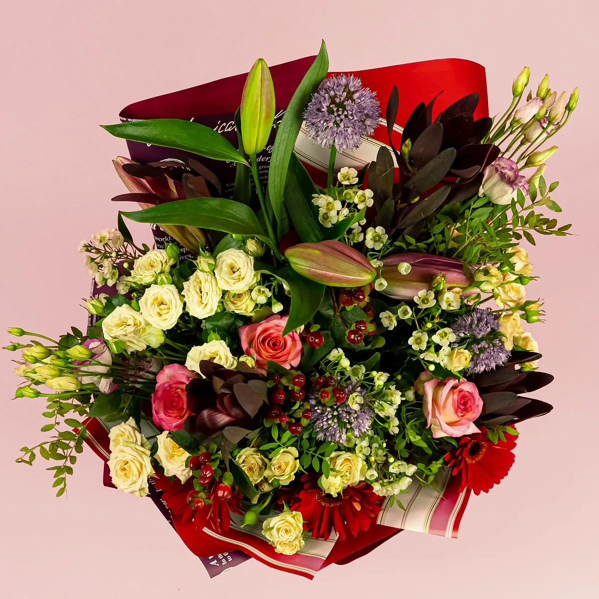 Букет из эустом, гербер и роз микс