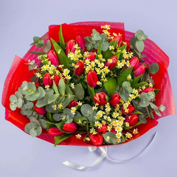 Букет из 25 тюльпанов и танацетумов