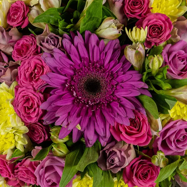 Розы микс, хризантемы, гербера в коробке