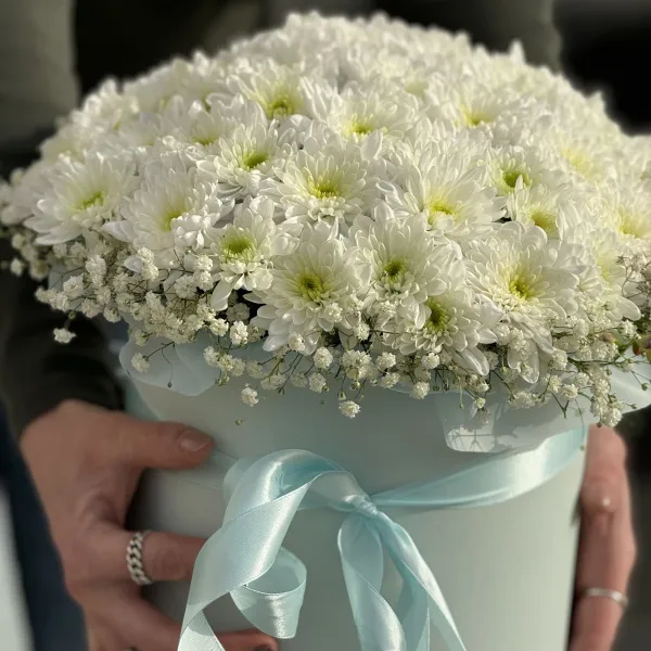 Хризантемы, гипсофилы и фрезии в коробке