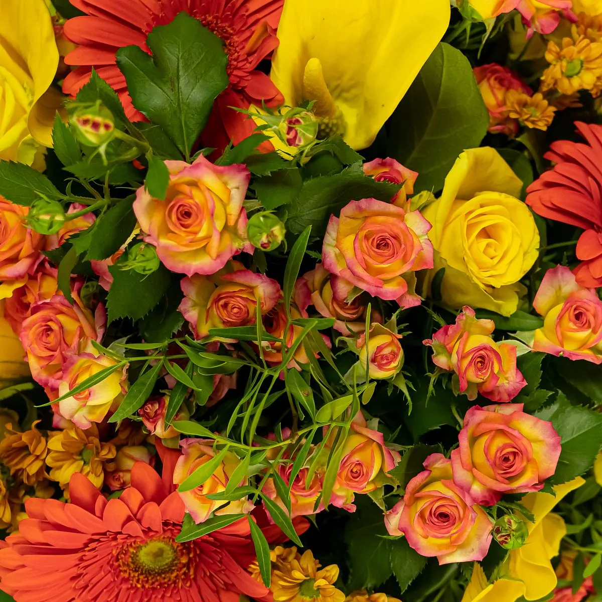 Букет из роз микс, гербер и жёлтых калл