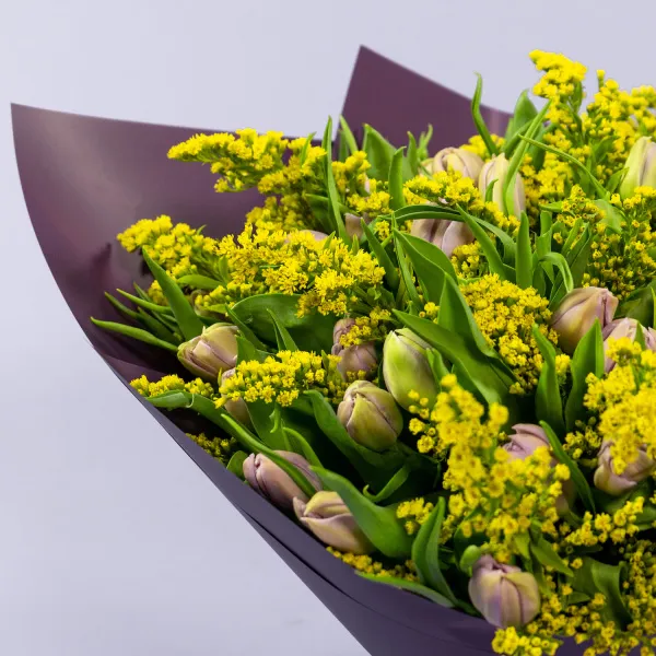 Букет из 49 тюльпанов и солидаго