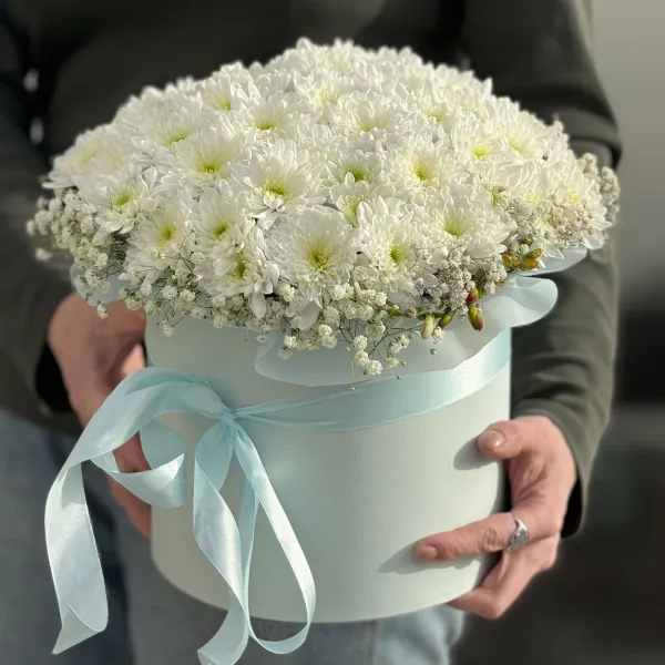 Хризантемы, гипсофилы и фрезии в коробке