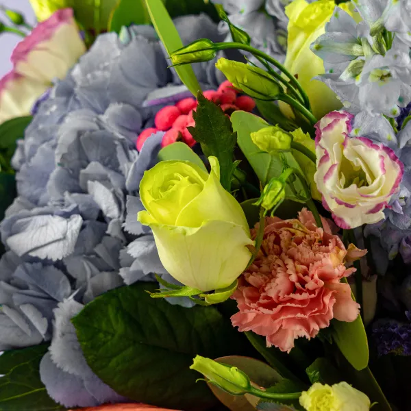 Букет из гортензии, роз и гвоздик