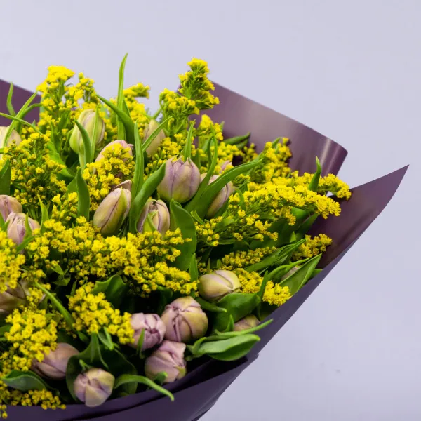 Букет из 49 тюльпанов и солидаго