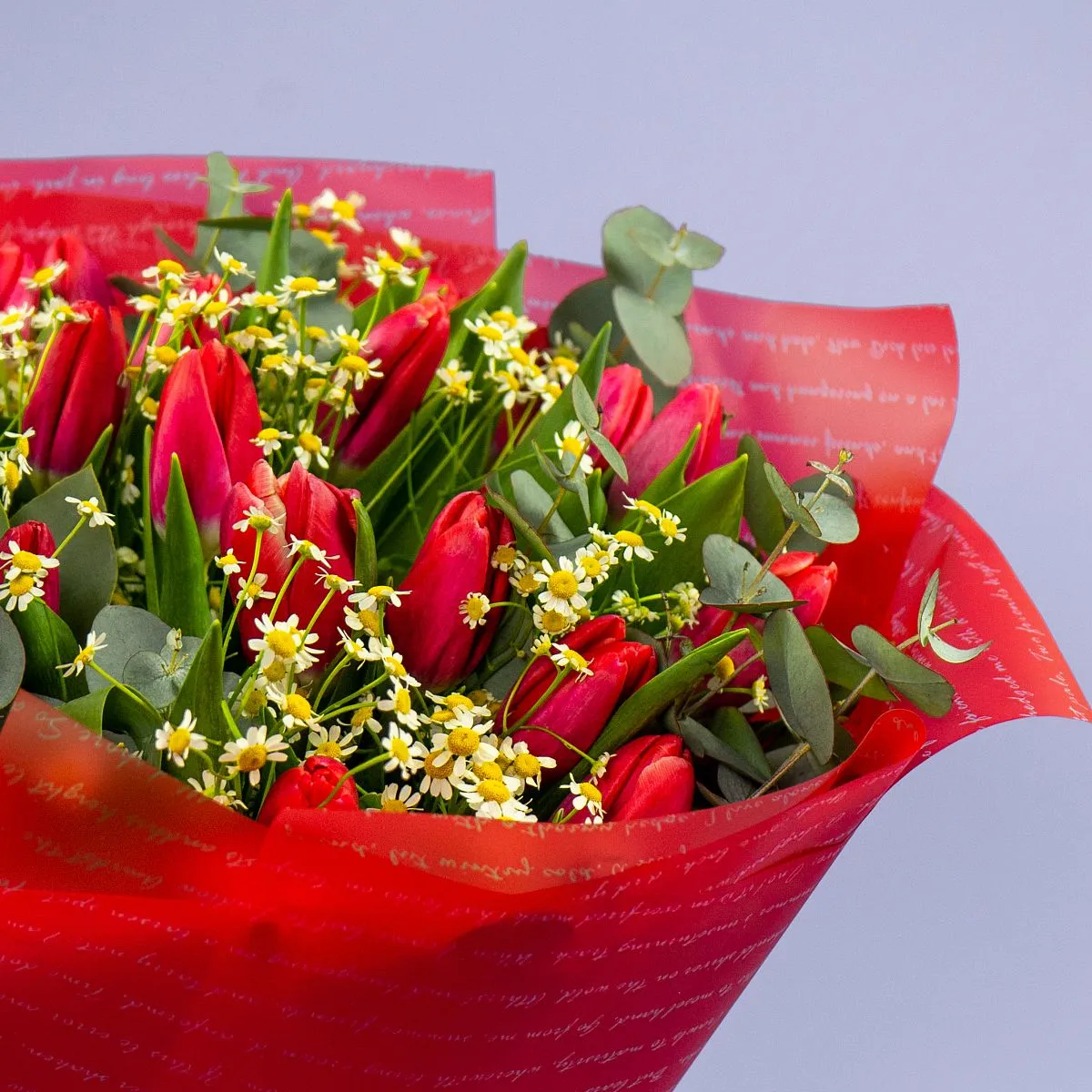 Букет из 25 тюльпанов и танацетумов