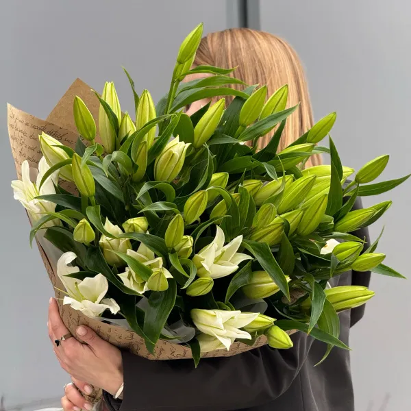 Букет из 11 бело-зелёных лилий
