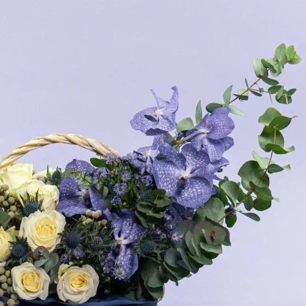 Орхидеи и розы в корзине