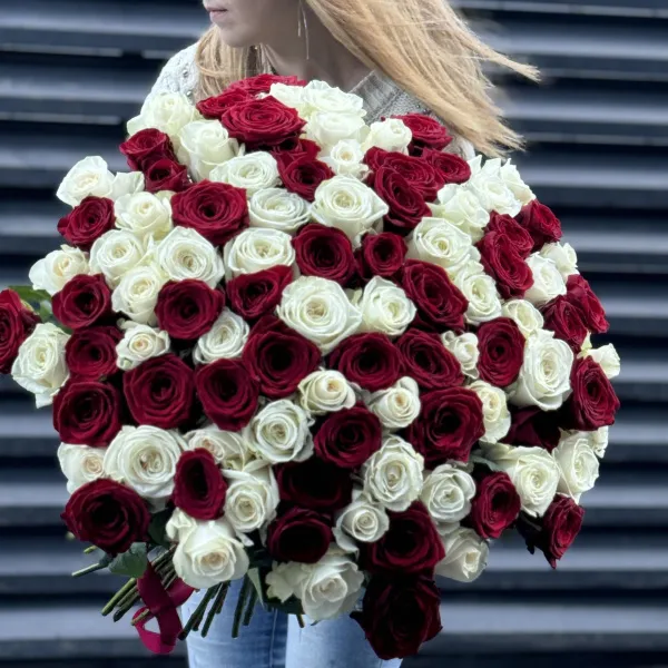 Букет 101 красно-белый микс роз эквадор (70см)