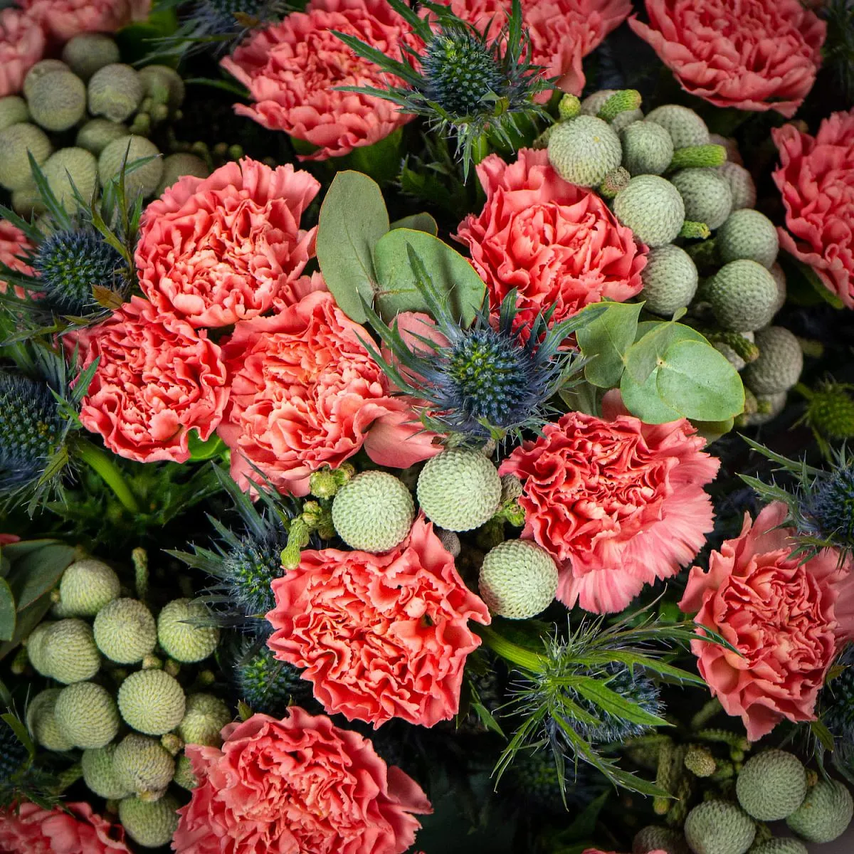 Букет из гвоздик и эрингиумов