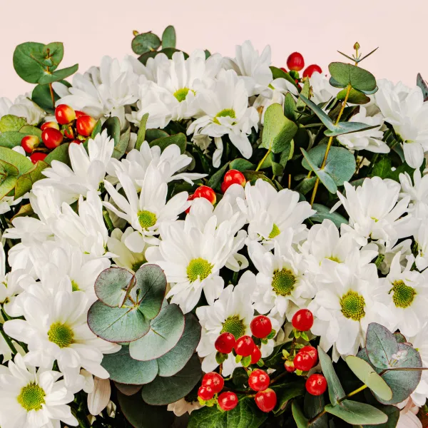 15 белых хризантем и гиперикум