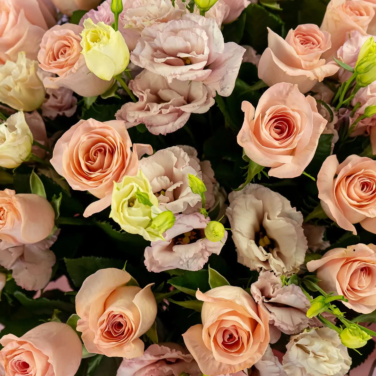 Букет из нежно-розовых роз и эустом