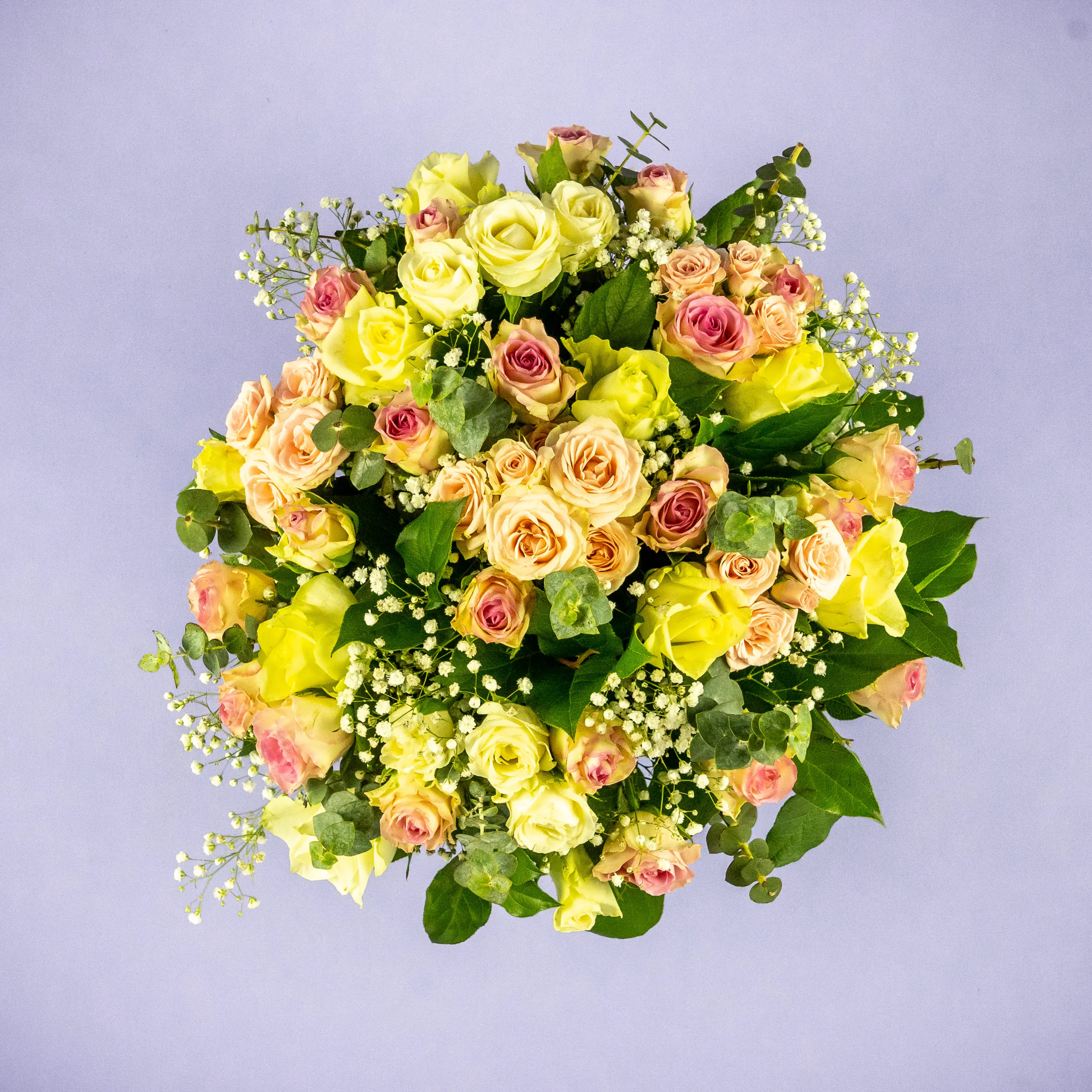 Розы микс и гипсофилы в коробке