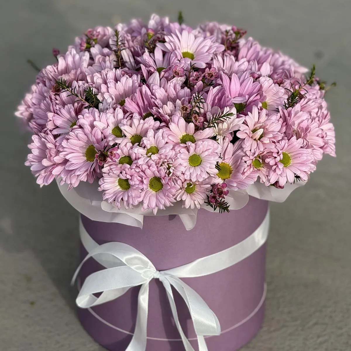 Хризантемы и хамелациума в коробке