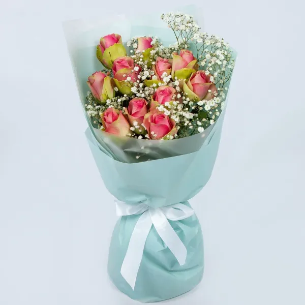 11 роз и гипсофила (50 см)