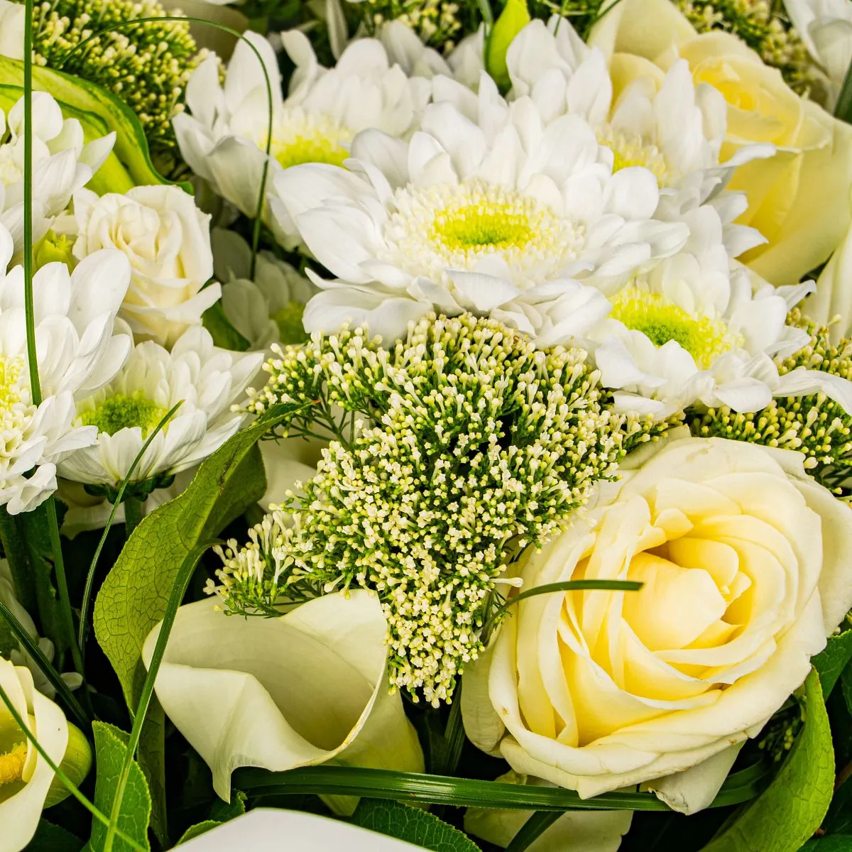 Белые каллы, розы и хризантемы