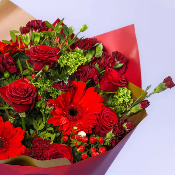 Букет из алых роз, гвоздик и гербер