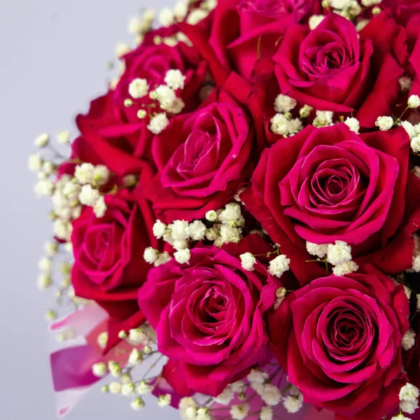 33 ярко-розовые розы в коробке